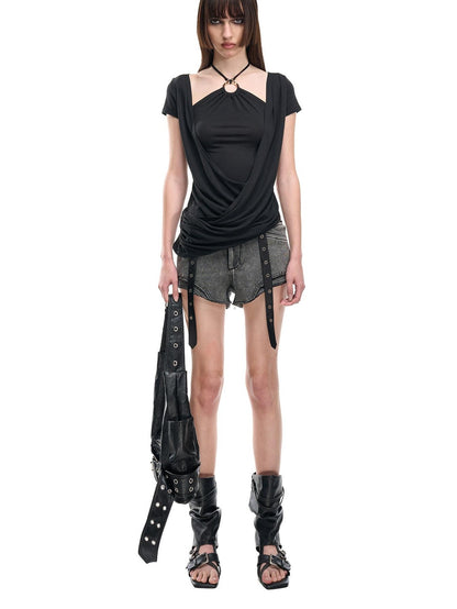 NORTH NODE Faded Wash Studded Wide Waistband High Waist Pockets Women&