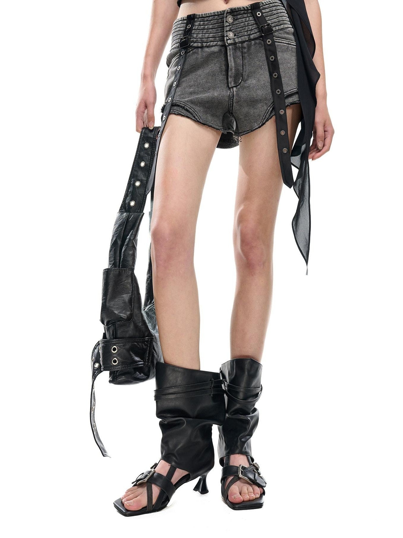 NORTH NODE Faded Wash Studded Wide Waistband High Waist Pockets Women&
