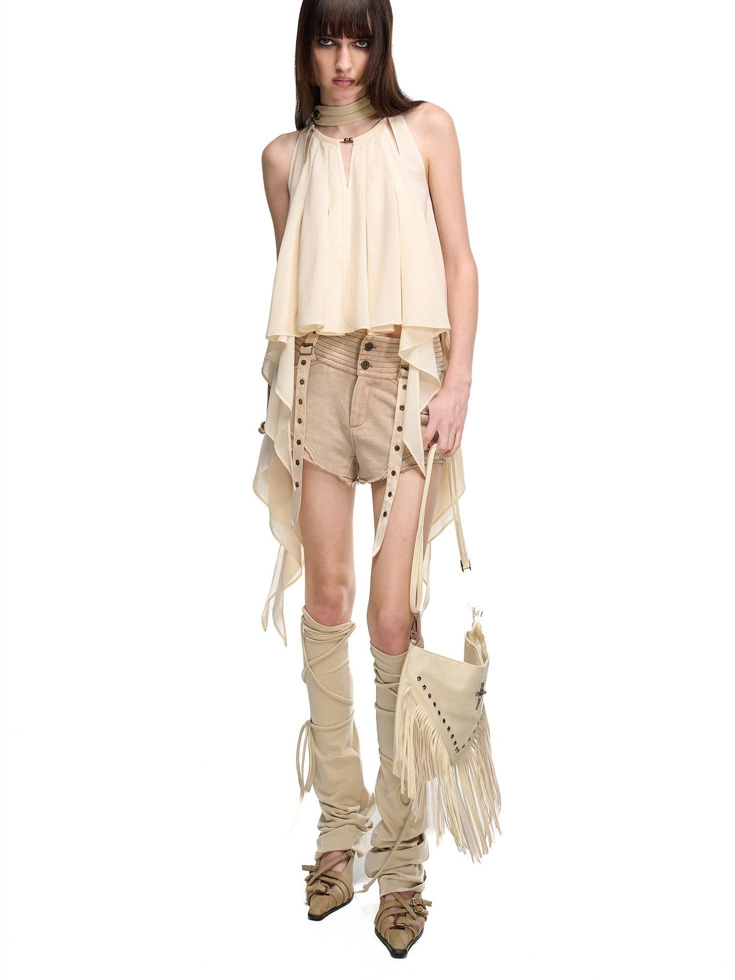 NORTH NODE Faded Wash Studded Wide Waistband High Waist Pockets Women&