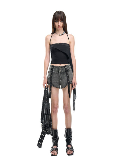NORTH NODE Faded Wash Studded Wide Waistband High Waist Pockets Women&