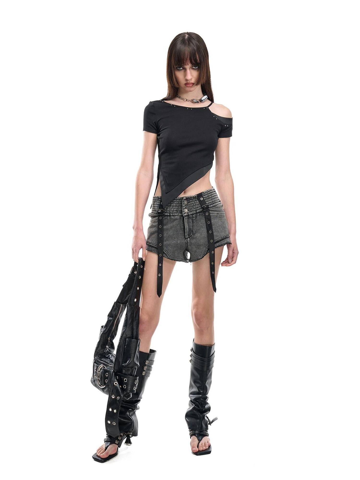 NORTH NODE Faded Wash Studded Wide Waistband High Waist Pockets Women&