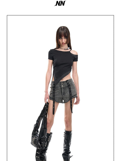 NORTH NODE Faded Wash Studded Wide Waistband High Waist Pockets Women&
