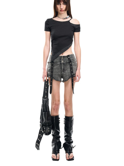 NORTH NODE Faded Wash Studded Wide Waistband High Waist Pockets Women&