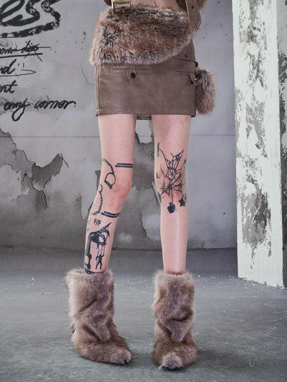 NORTH NODE Faux Fur Patchwork Bodycon Mid Waist Side Zipper Women&