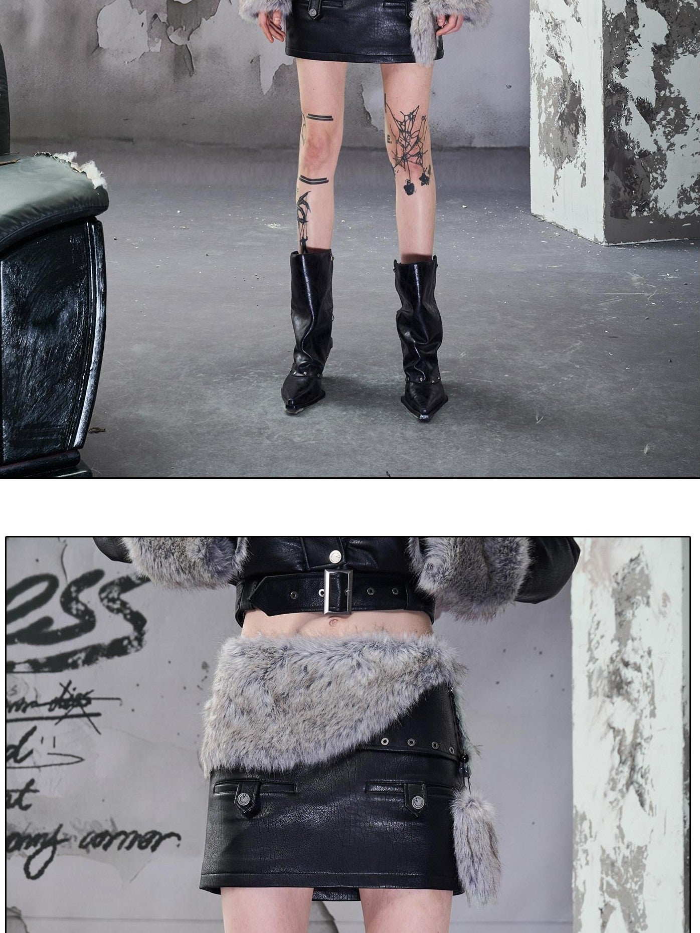 NORTH NODE Faux Fur Patchwork Bodycon Mid Waist Side Zipper Women&