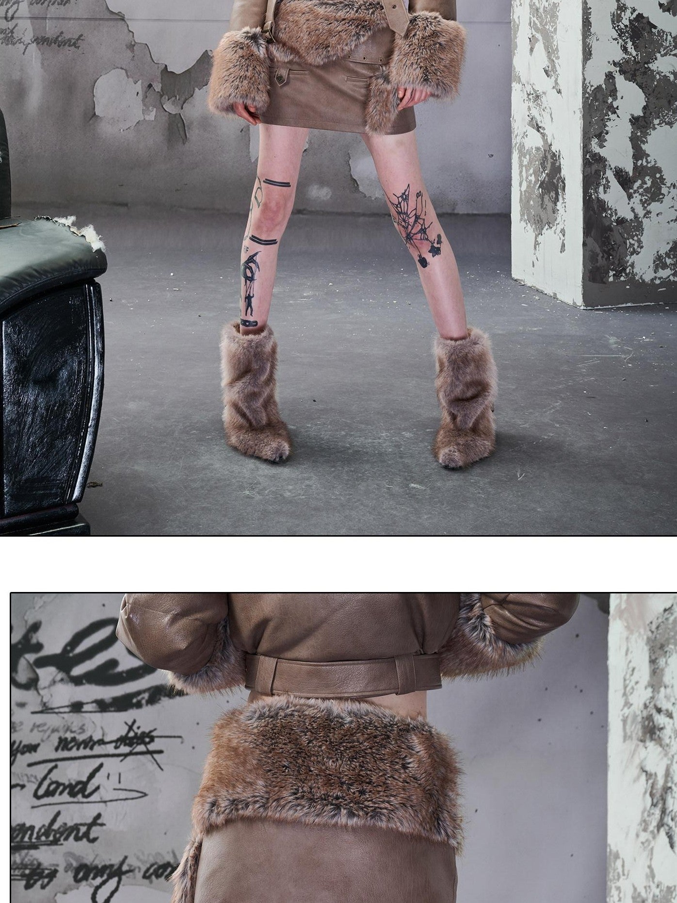 NORTH NODE Faux Fur Patchwork Bodycon Mid Waist Side Zipper Women&