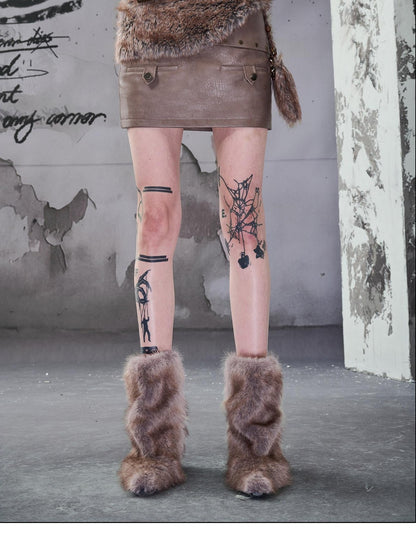 NORTH NODE Faux Fur Patchwork Bodycon Mid Waist Side Zipper Women&