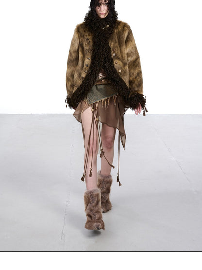 NORTH NODE Faux Fur Patchwork Handmade Buttons Lapel Women&