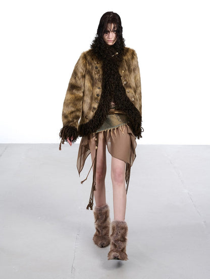 NORTH NODE Faux Fur Patchwork Handmade Buttons Lapel Women&