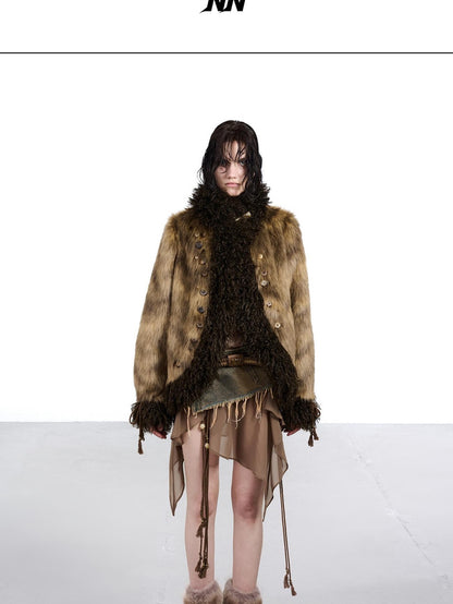 NORTH NODE Faux Fur Patchwork Handmade Buttons Lapel Women&