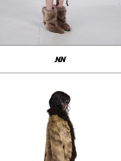 NORTH NODE Faux Fur Patchwork Handmade Buttons Lapel Women&