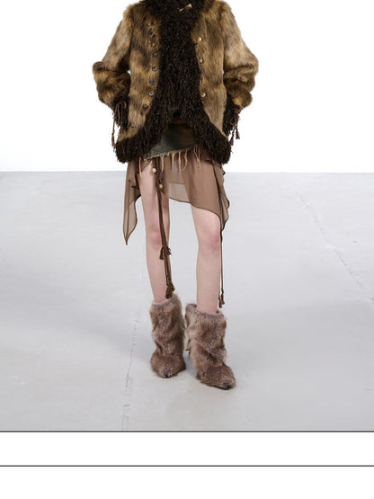 NORTH NODE Faux Fur Patchwork Handmade Buttons Lapel Women&