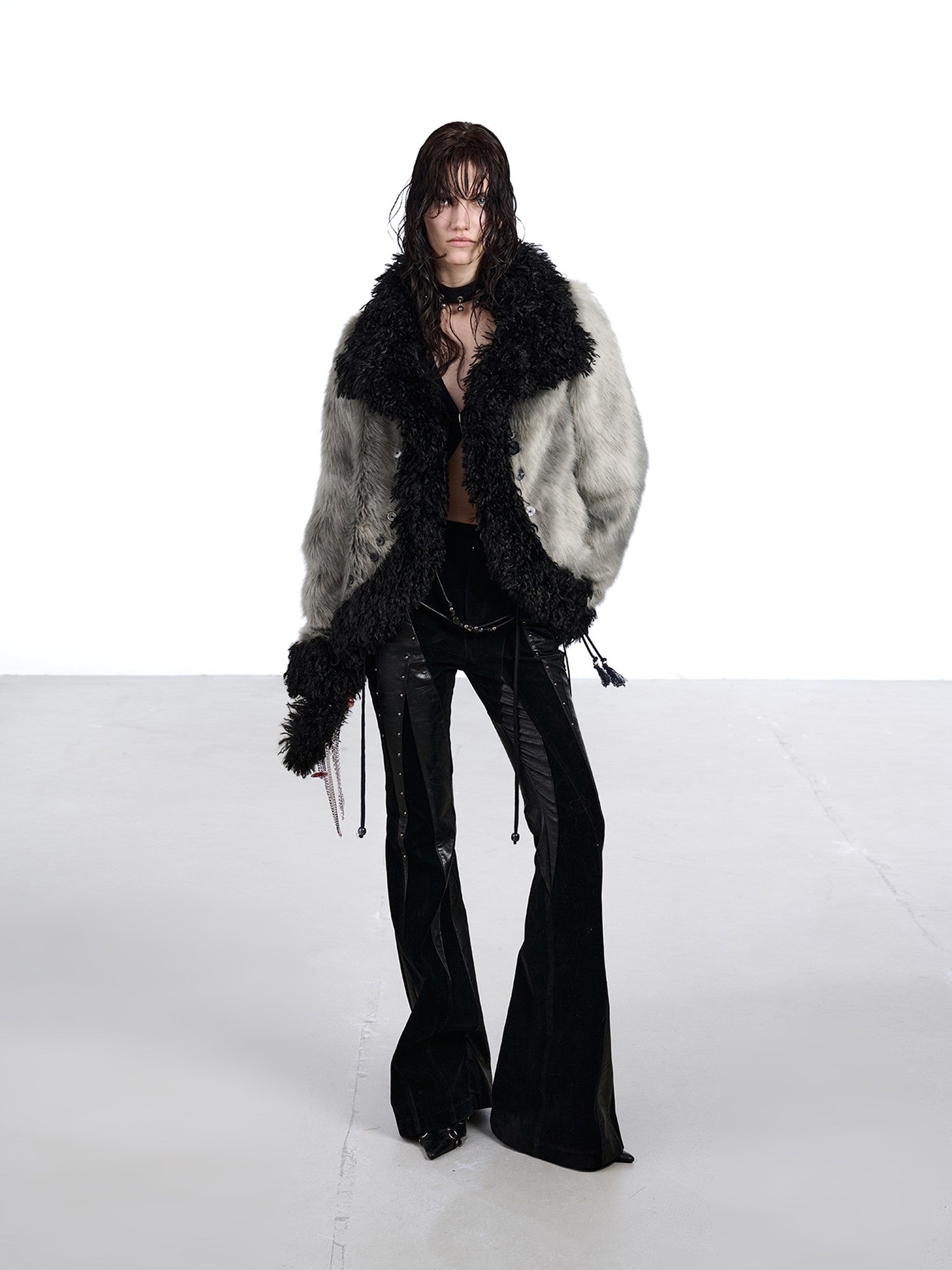 NORTH NODE Faux Fur Patchwork Handmade Buttons Lapel Women&