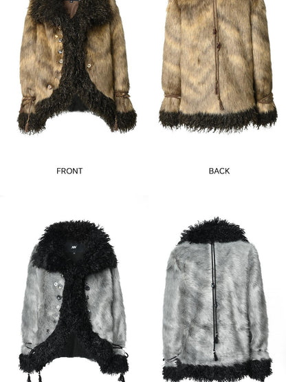 NORTH NODE Faux Fur Patchwork Handmade Buttons Lapel Women&