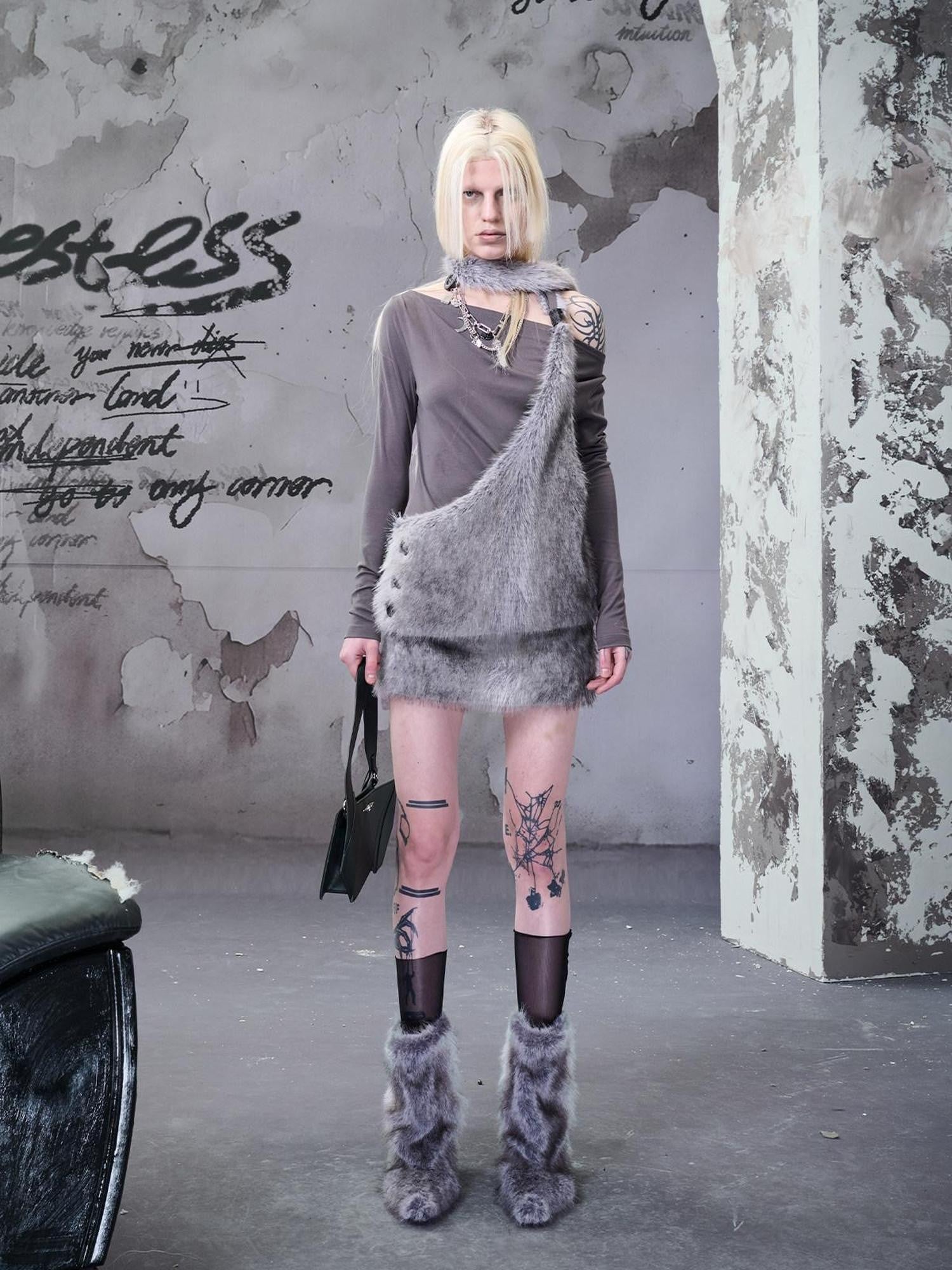 NORTH NODE Faux Fur Patchwork One Shoulder Punk Women&