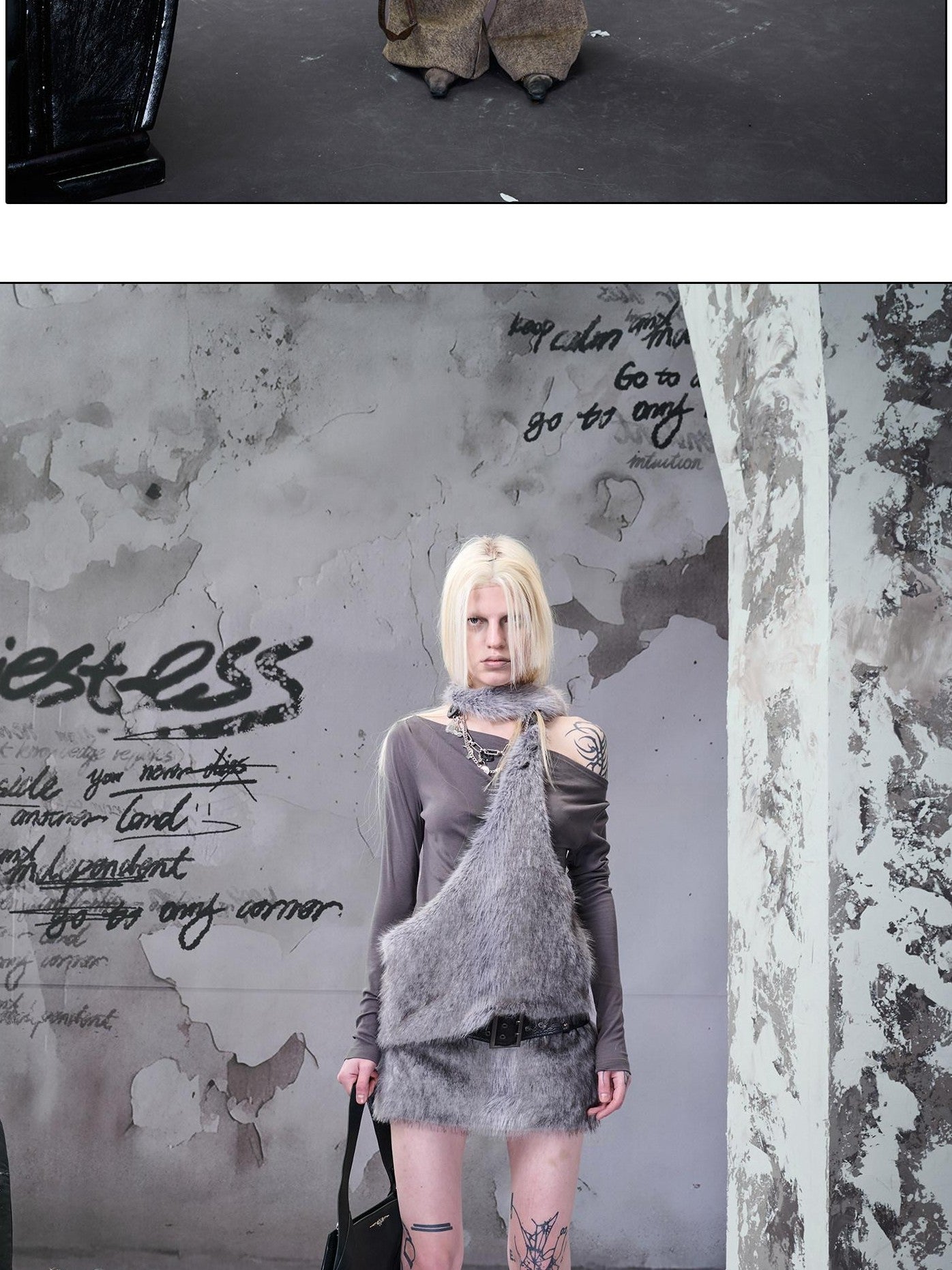 NORTH NODE Faux Fur Patchwork One Shoulder Punk Women&