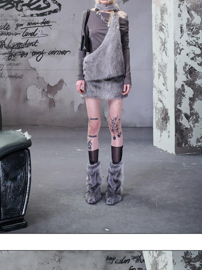NORTH NODE Faux Fur Patchwork One Shoulder Punk Women&