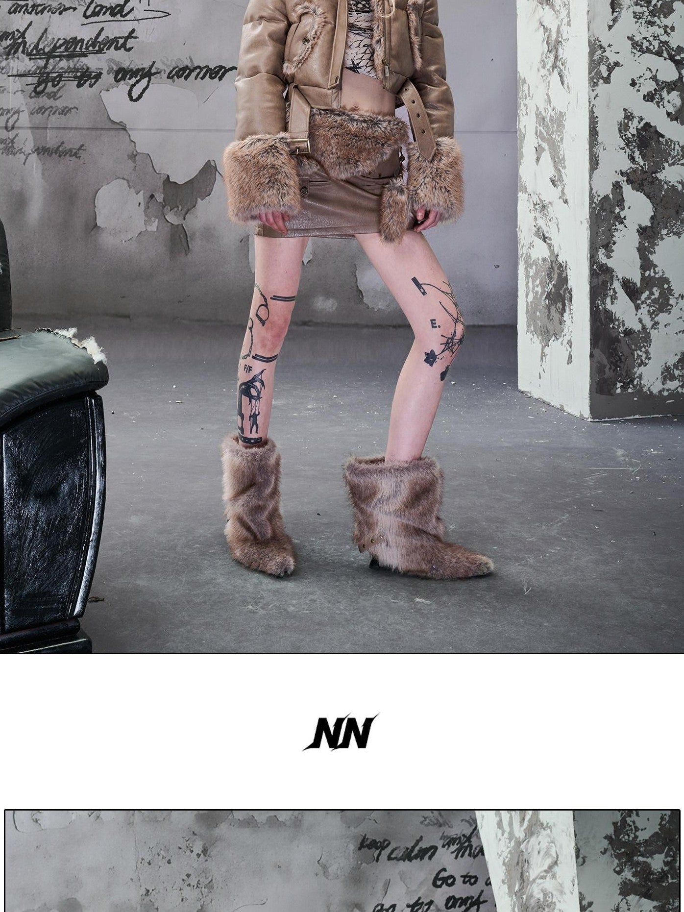 NORTH NODE Faux Fur Patchwork Quilted Zipper Collar Women&
