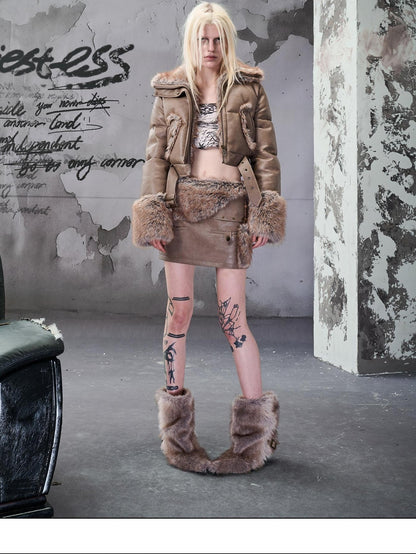 NORTH NODE Faux Fur Patchwork Quilted Zipper Collar Women&
