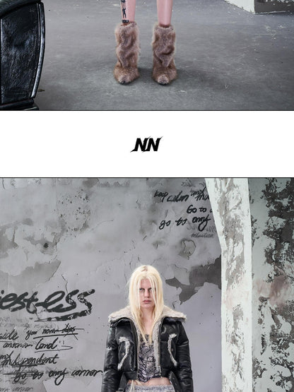 NORTH NODE Faux Fur Patchwork Quilted Zipper Collar Women&
