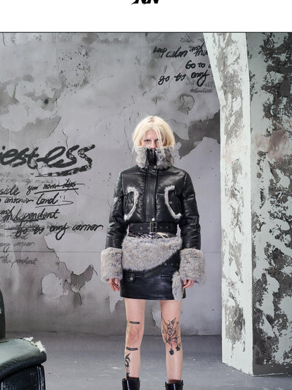 NORTH NODE Faux Fur Patchwork Quilted Zipper Collar Women&