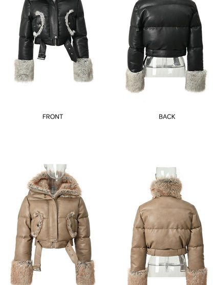 NORTH NODE Faux Fur Patchwork Quilted Zipper Collar Women&