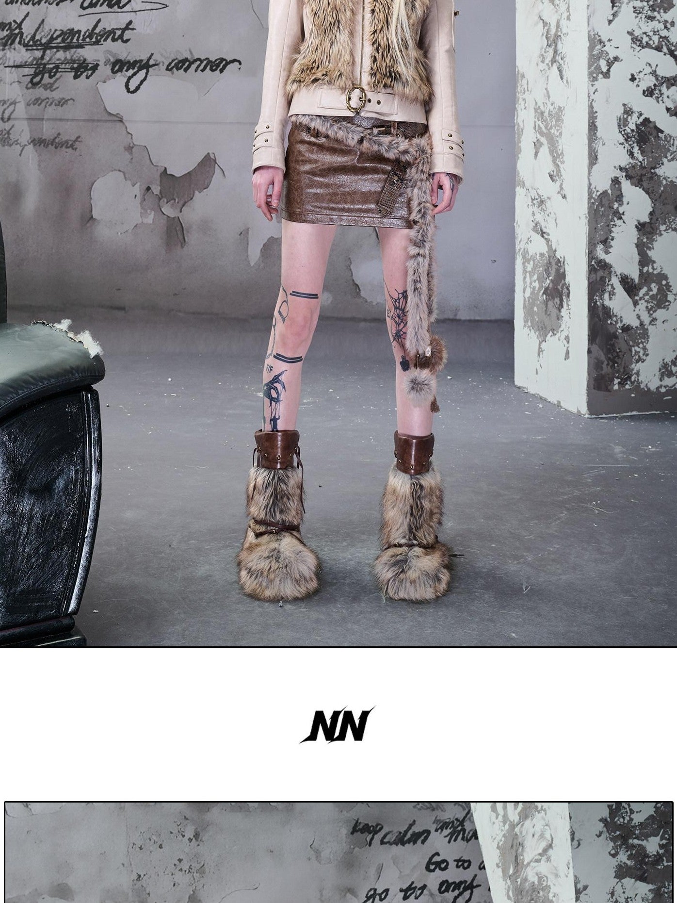 NORTH NODE Faux Fur Patchwork Slim Cropped Zippered Women&