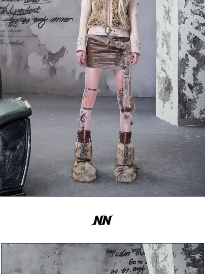 NORTH NODE Faux Fur Patchwork Slim Cropped Zippered Women&