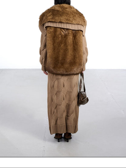 NORTH NODE Faux Fur Patchwork Stand Collar Zip Women&