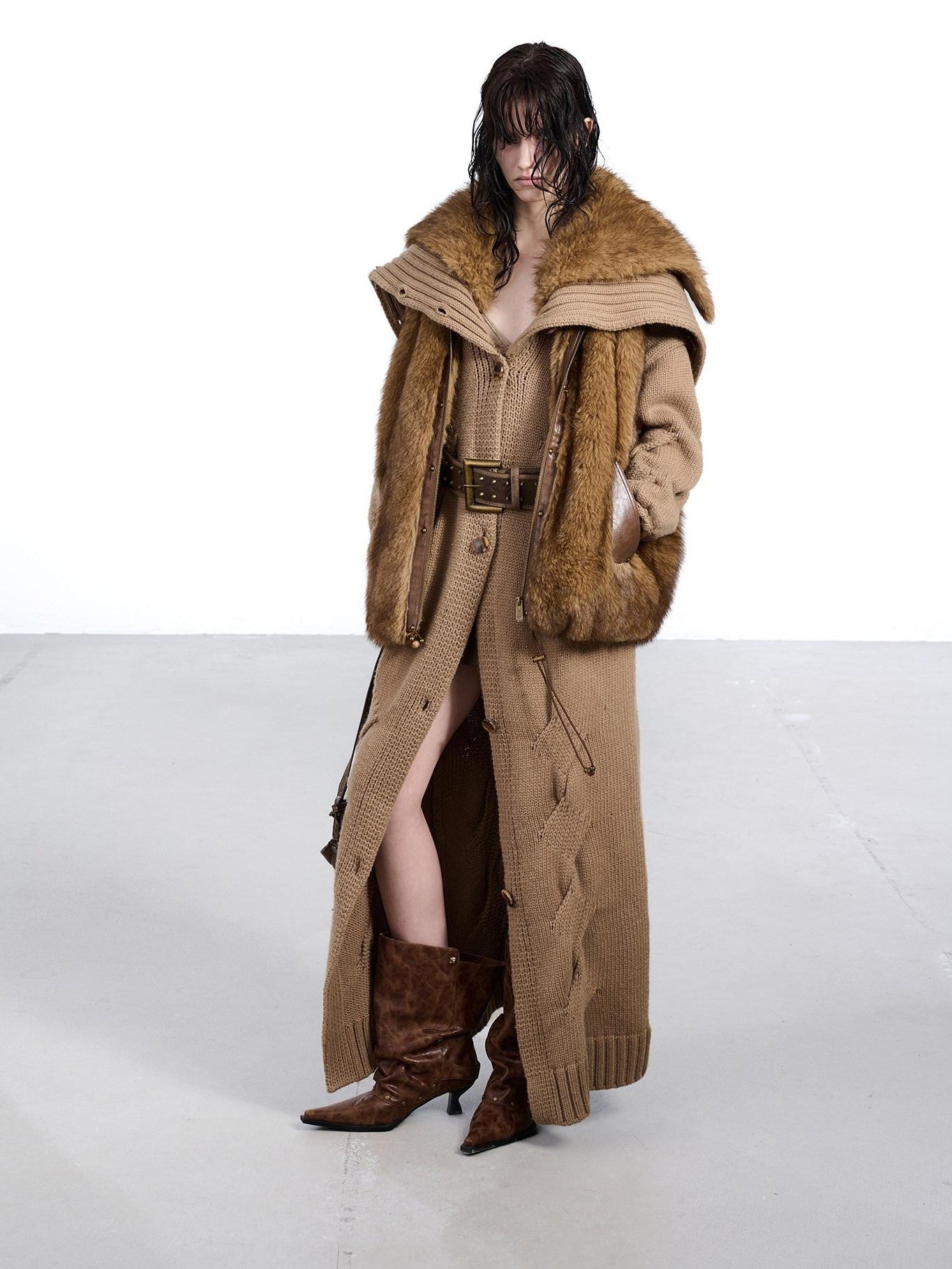 NORTH NODE Faux Fur Patchwork Stand Collar Zip Women&