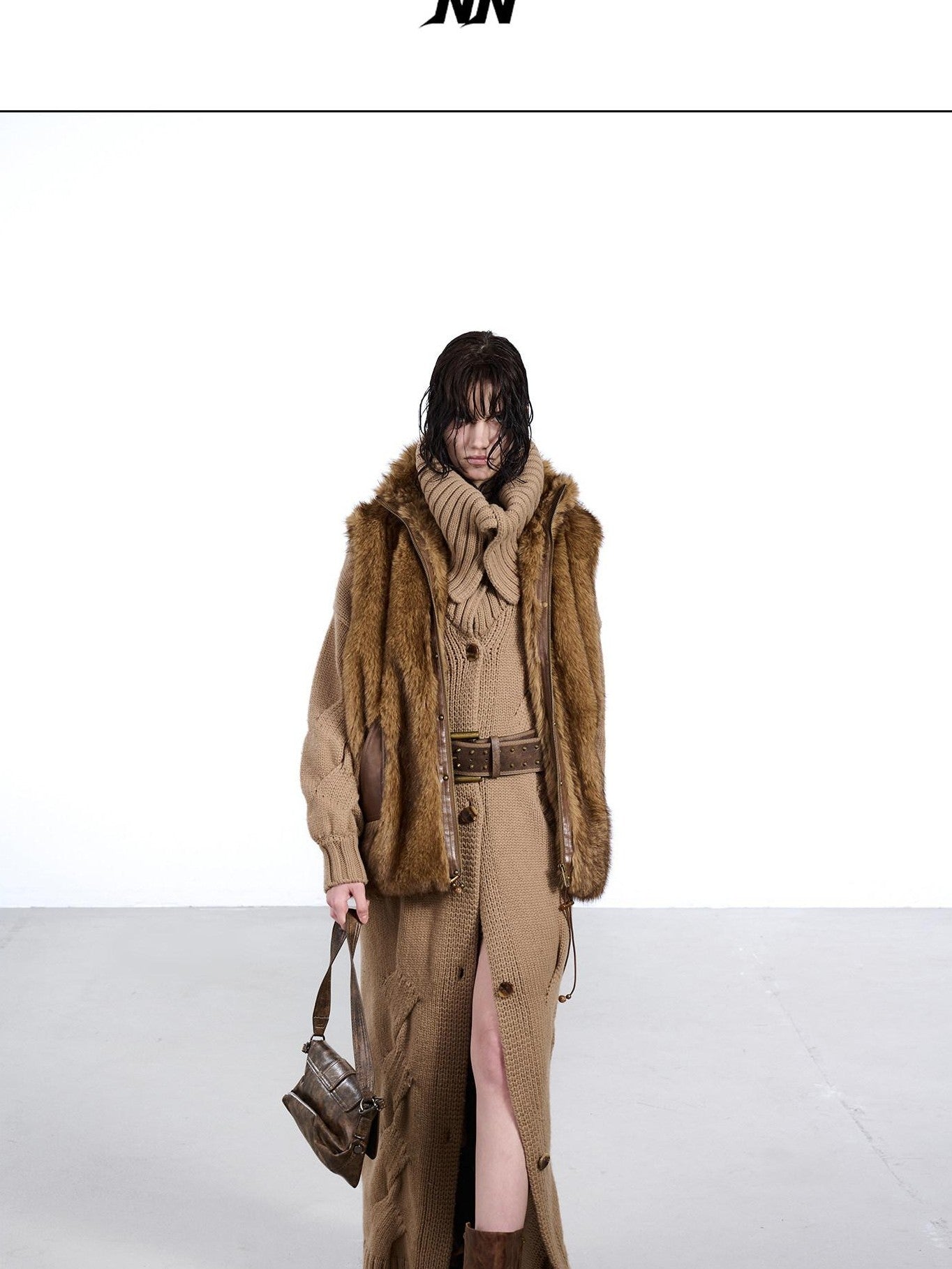 NORTH NODE Faux Fur Patchwork Stand Collar Zip Women&