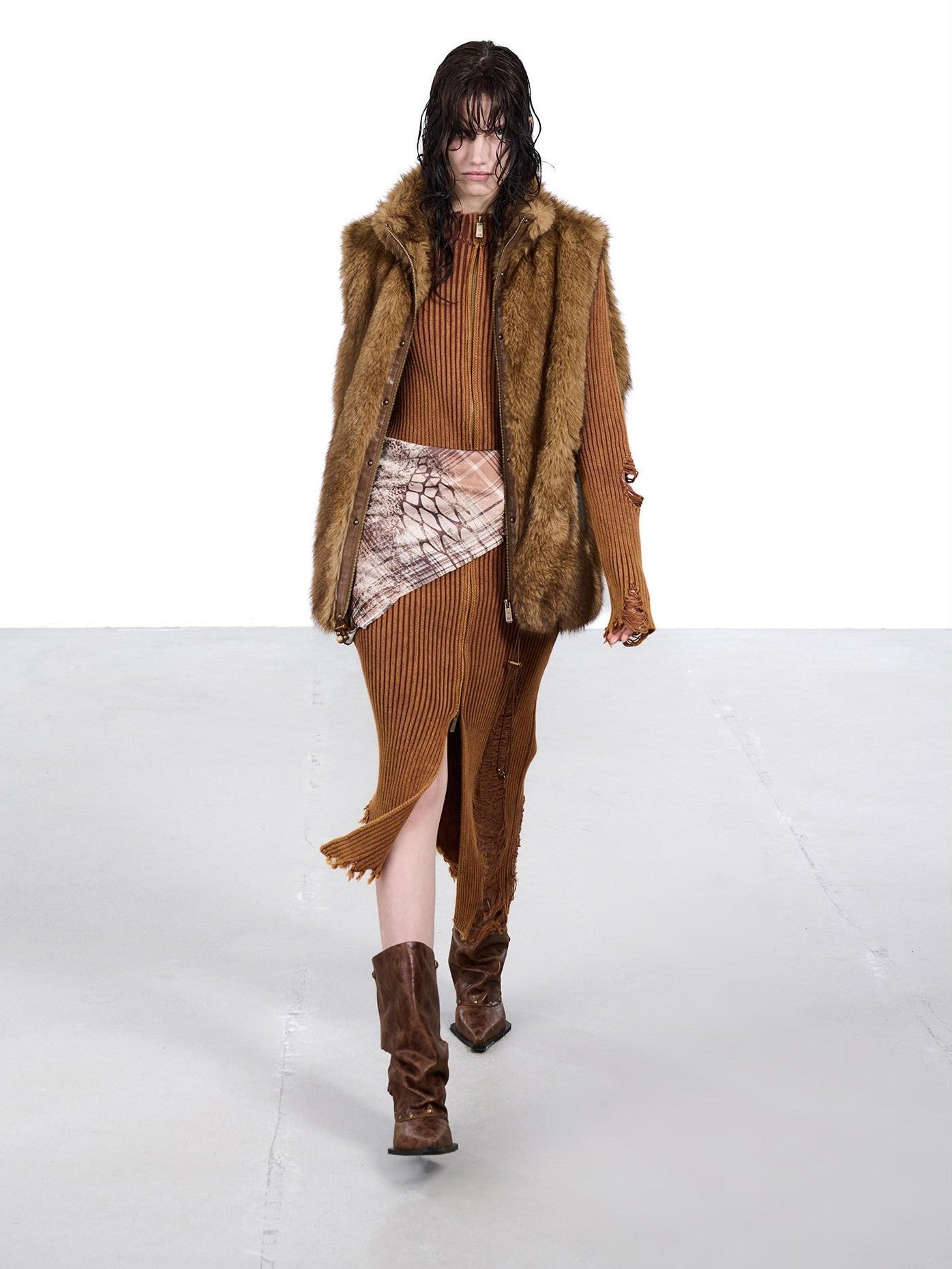 NORTH NODE Faux Fur Patchwork Stand Collar Zip Women&