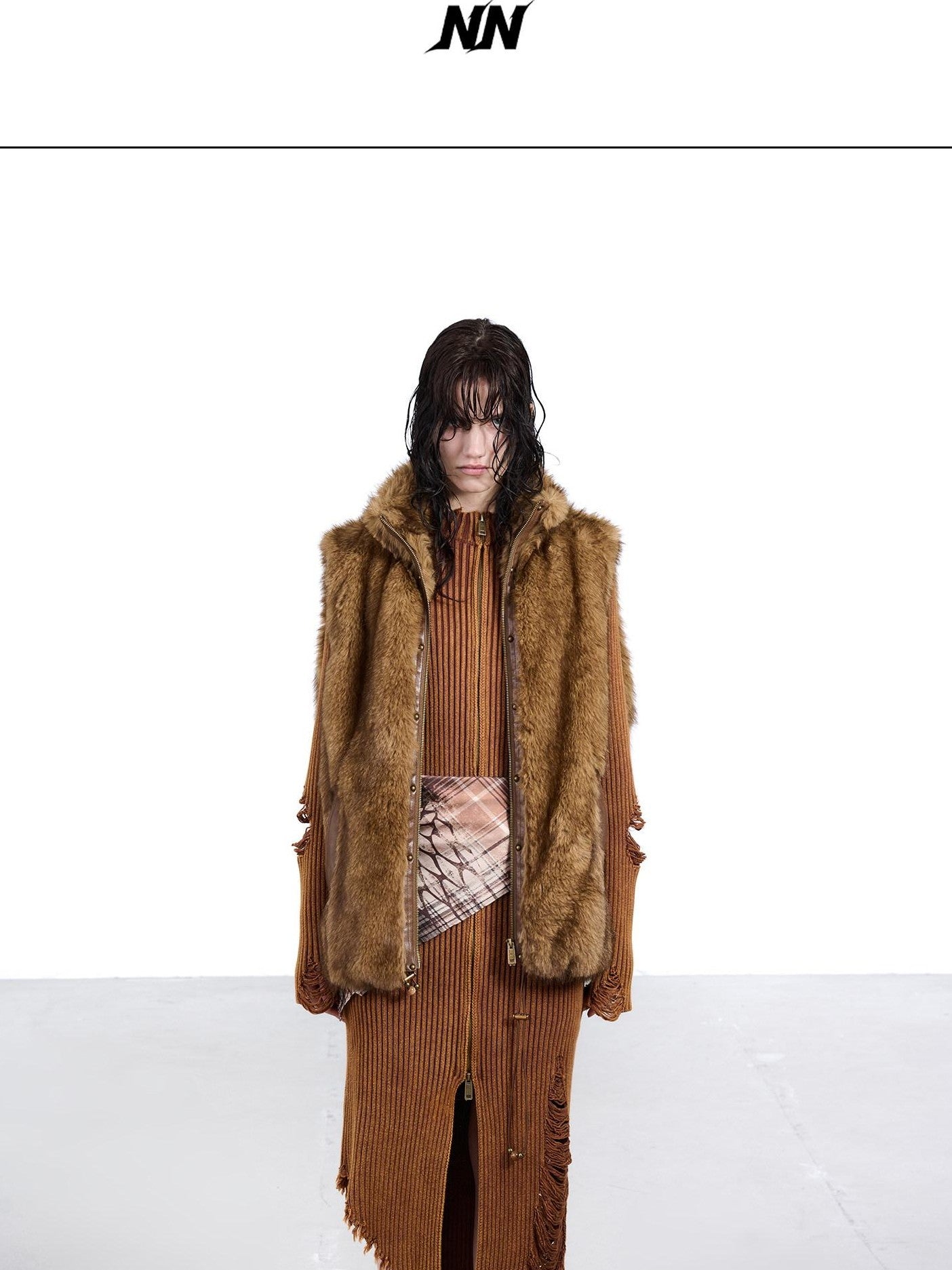 NORTH NODE Faux Fur Patchwork Stand Collar Zip Women&