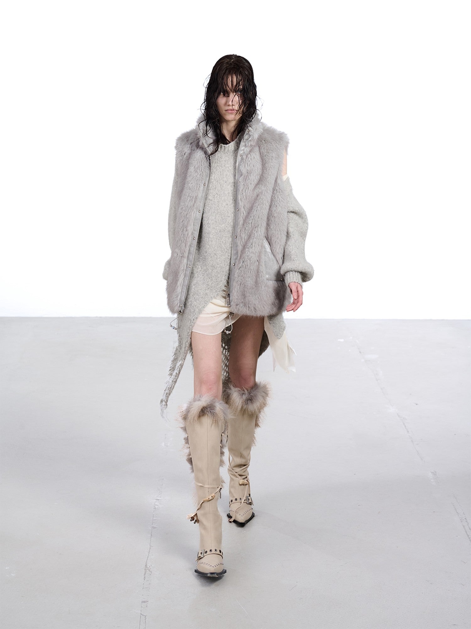 NORTH NODE Faux Fur Patchwork Stand Collar Zip Women&