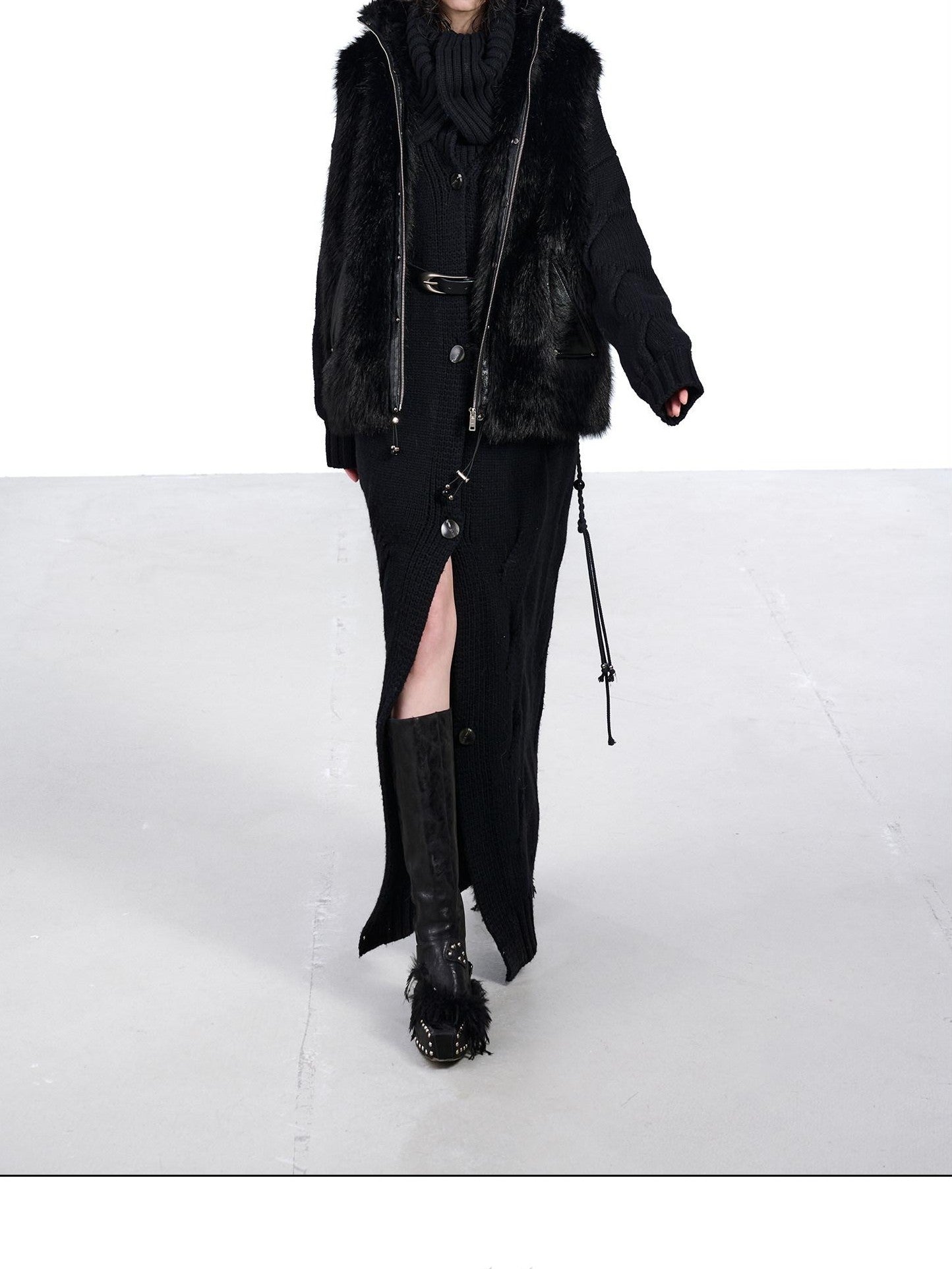 NORTH NODE Faux Fur Patchwork Stand Collar Zip Women&