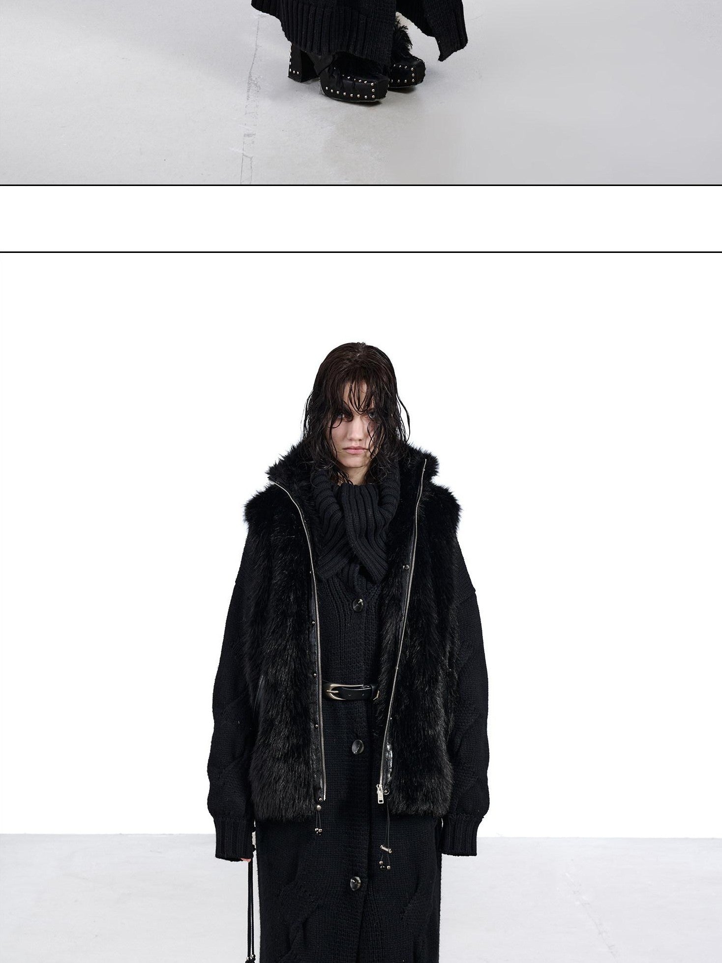 NORTH NODE Faux Fur Patchwork Stand Collar Zip Women&