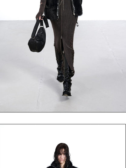 NORTH NODE Faux Fur Patchwork Stand Collar Zip Women&
