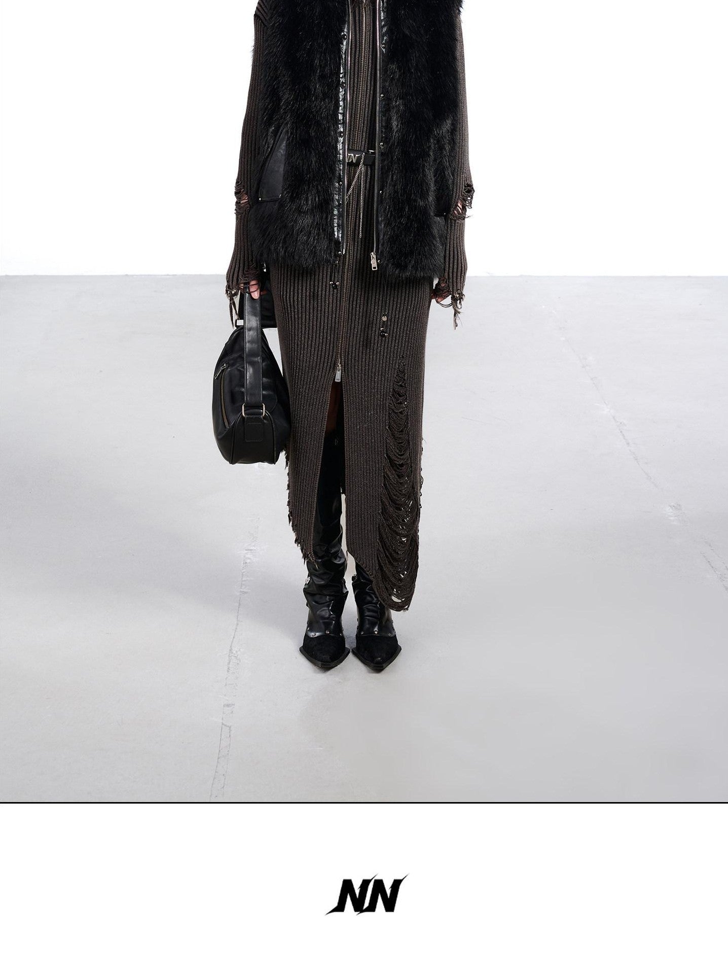NORTH NODE Faux Fur Patchwork Stand Collar Zip Women&