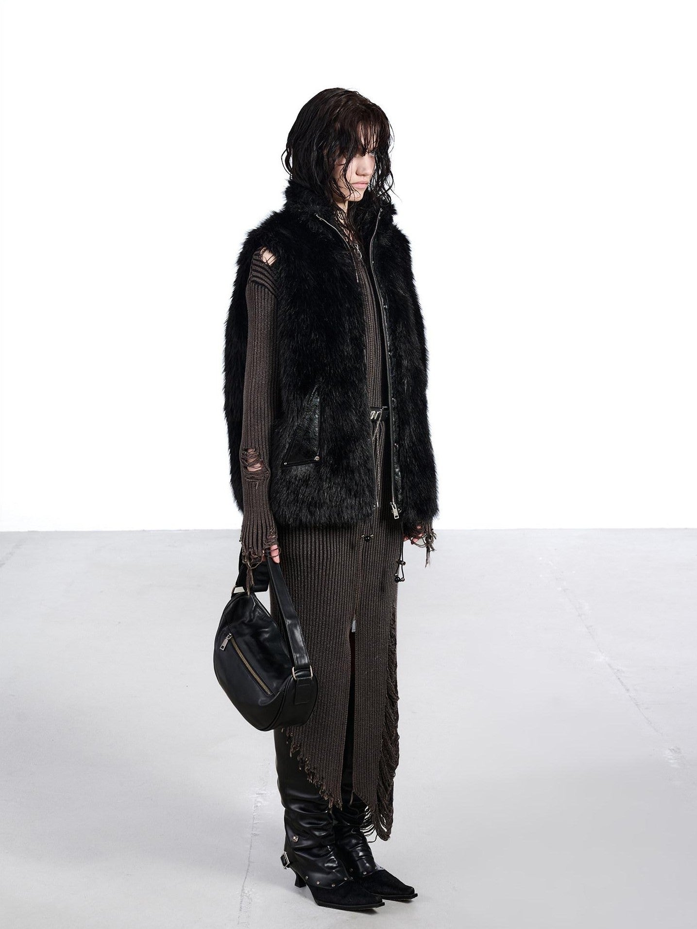 NORTH NODE Faux Fur Patchwork Stand Collar Zip Women&