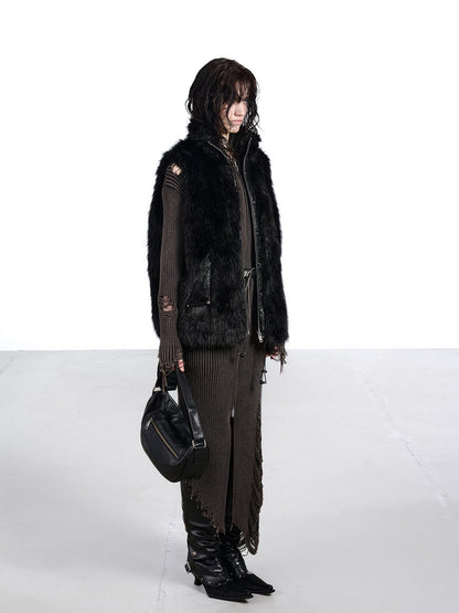 NORTH NODE Faux Fur Patchwork Stand Collar Zip Women&