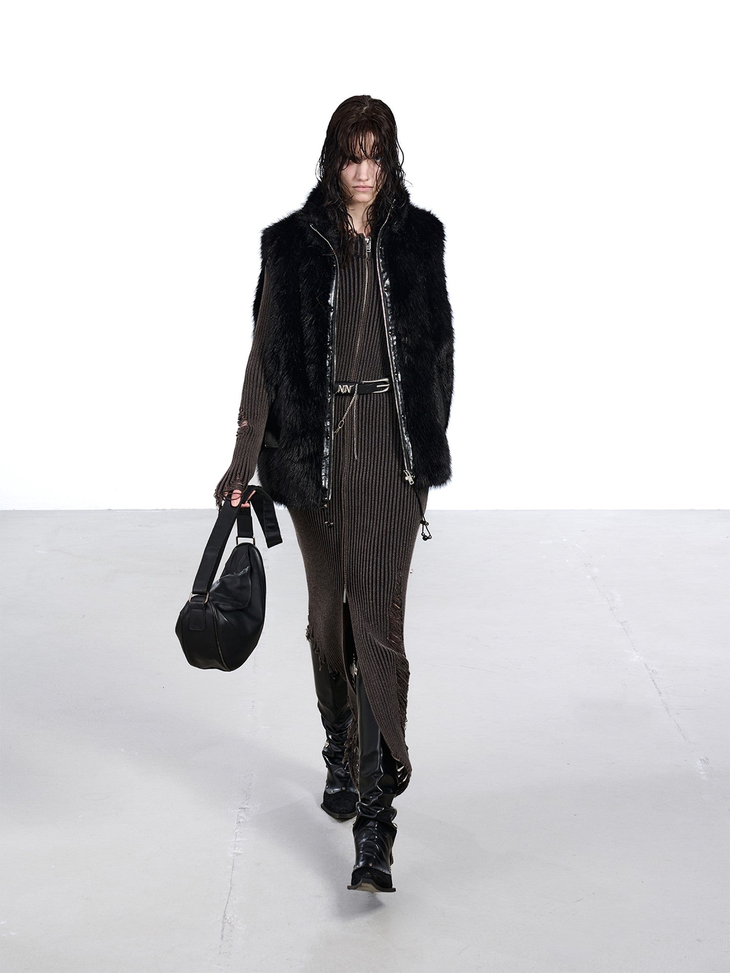 NORTH NODE Faux Fur Patchwork Stand Collar Zip Women&