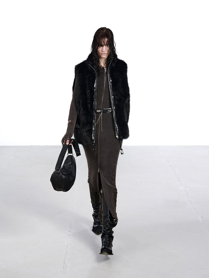 NORTH NODE Faux Fur Patchwork Stand Collar Zip Women&