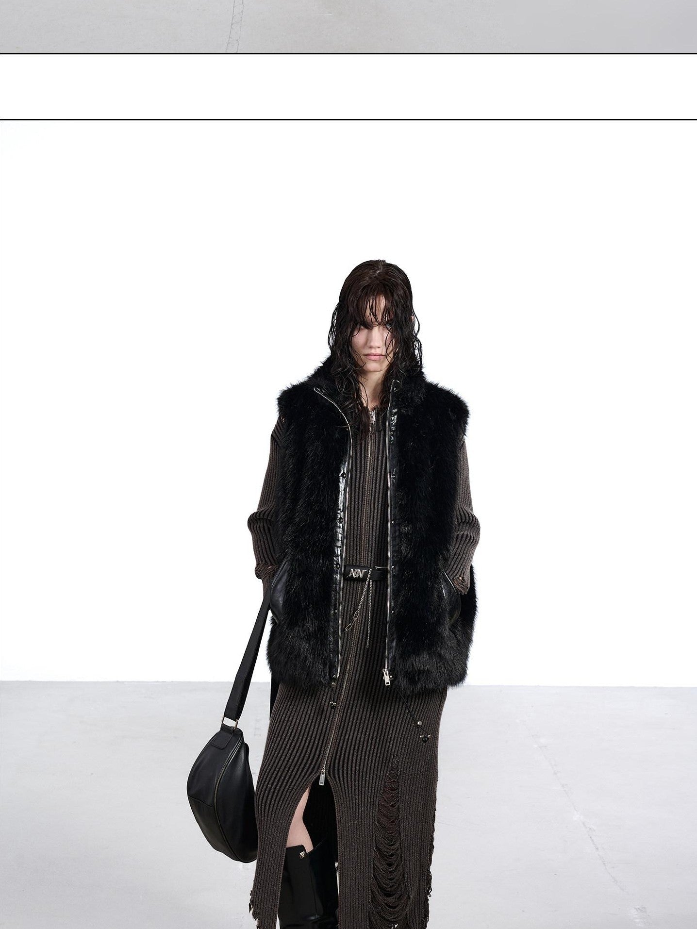 NORTH NODE Faux Fur Patchwork Stand Collar Zip Women&