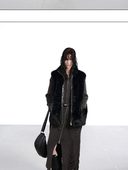 NORTH NODE Faux Fur Patchwork Stand Collar Zip Women&