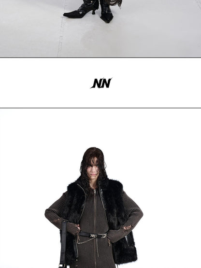 NORTH NODE Faux Fur Patchwork Stand Collar Zip Women&
