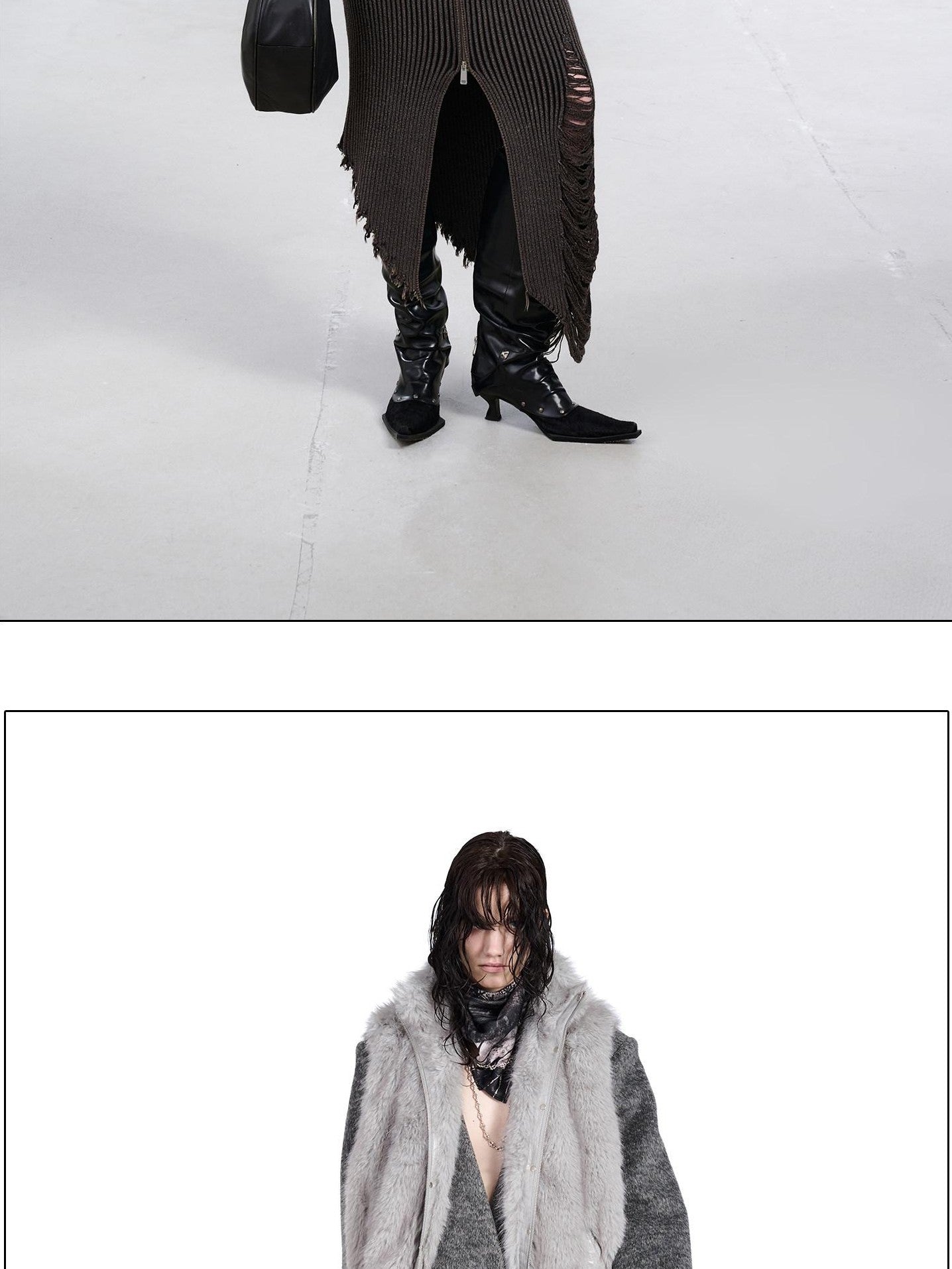 NORTH NODE Faux Fur Patchwork Stand Collar Zip Women&