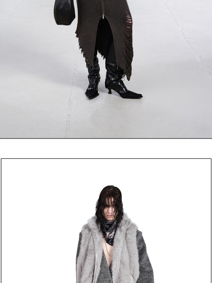 NORTH NODE Faux Fur Patchwork Stand Collar Zip Women&