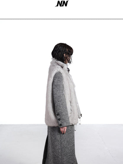 NORTH NODE Faux Fur Patchwork Stand Collar Zip Women&