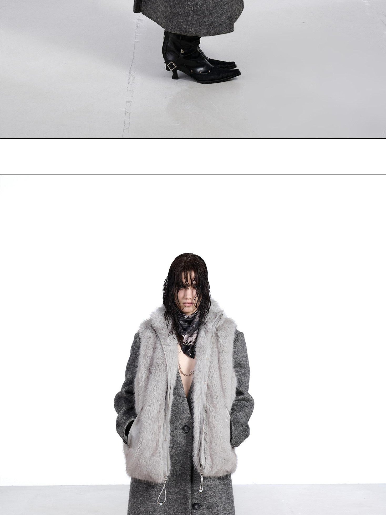 NORTH NODE Faux Fur Patchwork Stand Collar Zip Women&