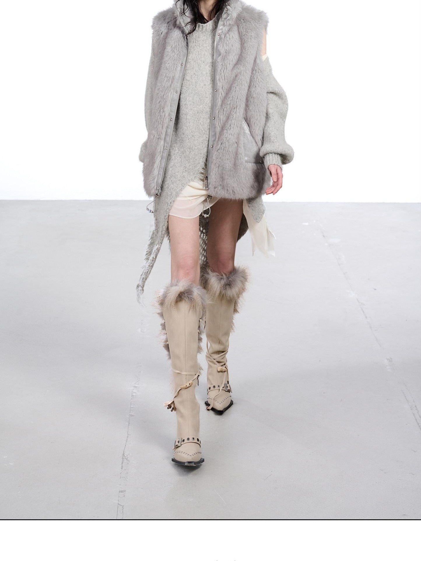 NORTH NODE Faux Fur Patchwork Stand Collar Zip Women&